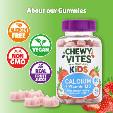 Chewy Vites Kids Calcium and Vitamin D3 60 Kids Calcium Gummies Help Support Healthy Bones and Teeth 2 Months Supply Real Fruit Juice Vegan Age 3 + Strawberry Flavour