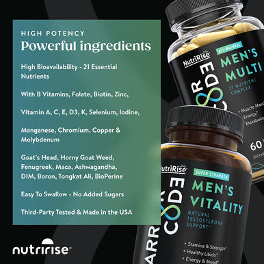 Warrior Code Mens Vitality Mens Multi Testosterone Multivitamin Bundle with Vitamin BComplex D3 C E Zinc Herbs with Ashwagandha for Complete Mens Health Support