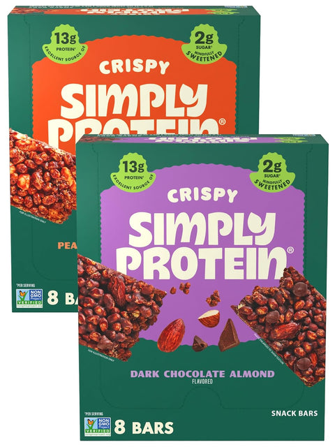 Simply Protein - Crispy Bars Variety Pack, Peanut Butter + Dark Chocolate Almond - Plant Based Protein Bars - 13g Protein, 2g Sugar, 7g Fiber - Vegan, Gluten Free, Non GMO - 16 Bars, 2 Boxes