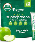 Zena Nutrition Organic Super Greens Powder 70+ Superfoods 0 Sugar 3g Fiber Spirulina Chlorella Mushrooms Prebiotics/Probiotics Digestive Enzymes Gut Health Green Apple 30 Drink Mix Packets
