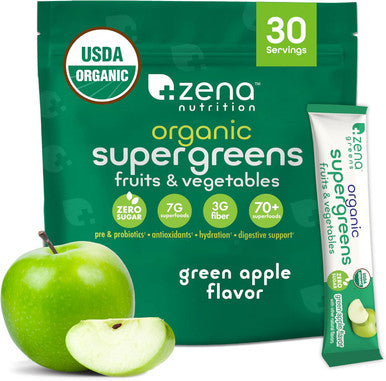 Zena Nutrition Organic Super Greens Powder 70+ Superfoods 0 Sugar 3g Fiber Spirulina Chlorella Mushrooms Prebiotics/Probiotics Digestive Enzymes Gut Health Green Apple 30 Drink Mix Packets