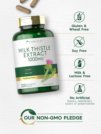 Carlyle Milk Thistle 1000mg | 300 Capsules | Non-GMO Gluten Extract