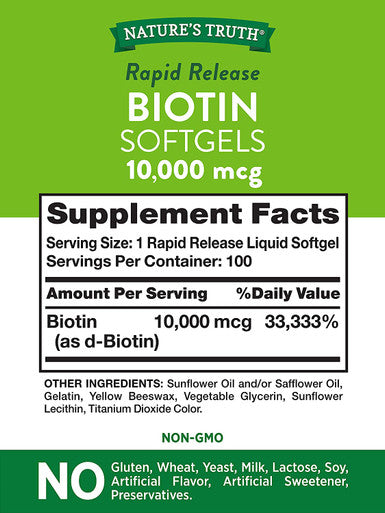 Biotin 10000mcg | 100 Softgels | Non-GMO Gluten Supplement | by Nature's Truth