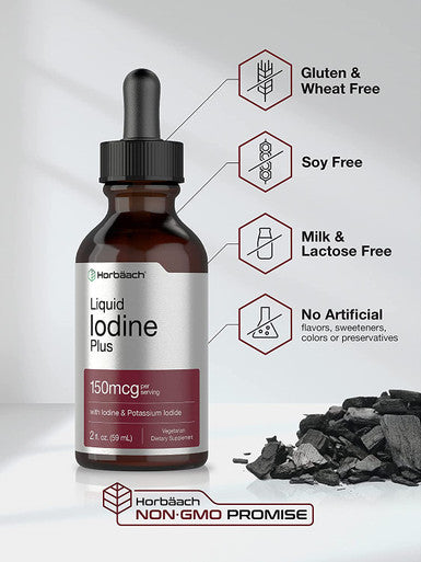 Liquid Iodine Solution Drops | 2 fl oz | 150 mcg | Iodine & Potassium Iodine Supplement | Vegetarian, Non-GMO, Gluten Free Liquid Tincture | by Horbaach