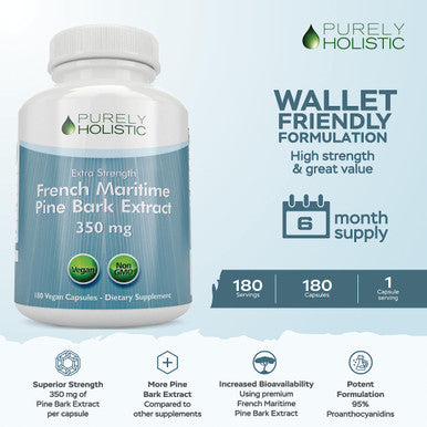 Purely Holistic Pine Bark Extract 350Mg 180 Vegan Capsules 95% Proanthocyanidins - French Maritime Pine Bark Extract - Non Gmo & Pesticide Free Antioxidant Supplement