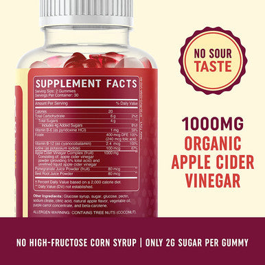 Organic Apple Cider Vinegar Gummies 60 Ct. Weight Digestion Detox Immunity Diet Support with ACV With The Mother Vitamin B6 B12 Folate Belly Fat Burner for Women Men Vegan 500MG