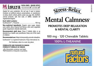Natural Factors StressRelax Suntheanine LTheanine 120 Chewable Tablets