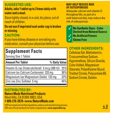 Nature Made Calcium Magnesium Oxide Zinc With Vitamin D3 Helps Support Bone Strength Tablets 300 Count