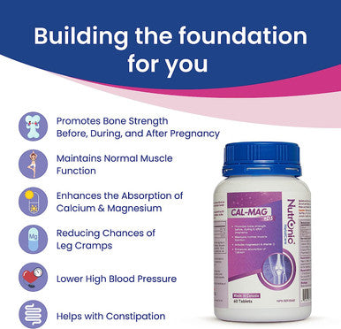 Pregnancy Calcium, Magnesium, Vitamin D3 Supplements - Prenatal Bone Strength, Helps Support Bone Health, Maintains Muscle Function - During, Pre- and Pro-Pregnancy, 60 Tablets - Nutronic