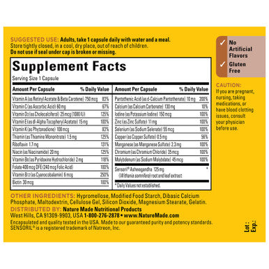 Nature Made Multi + Ashwagandha Multivitamin For Daily Stress Relief Support One Per Day Multivitamin 60 Capsules