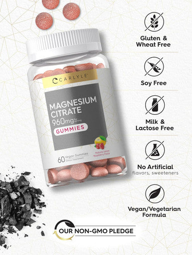 Carlyle Magnesium Citrate Gummies | 960mg | 60 Vegan Gummies | Vegan Non-GMO and Gluten Formula | Lemon Raspberry Flavor