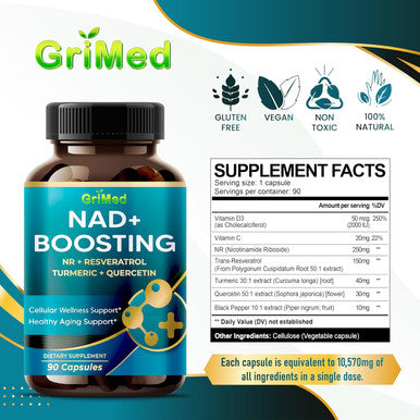 Grimed Nad + Boosting 16,550Mg- X12 Power With Nr + Resveratrol Turmeric + Quercetin - Cellular Energy, Cellular Repair, Healthy Aging - Usa Made & Tested (90 Count (Pack Of 1))