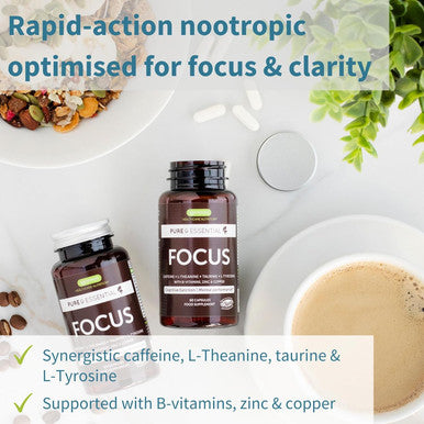 Focus - Nootropic Brain Supplement For Concentration With Methylated B-Vitamins, Taurine, L-Tyrosine, L-Theanine & 200Mg Caffeine, Zinc And Copper, 60 Capsules, By Igennus