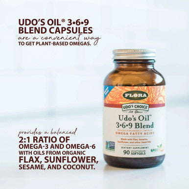 Flora Udos Choice Omega 369 Oil Blend Made with Organic Flax Sesame Sunflower Seed Oils PlantBased Vegan Omega Fatty Acids Based on Ideal 211 Ratio 180 Vegetarian Capsules