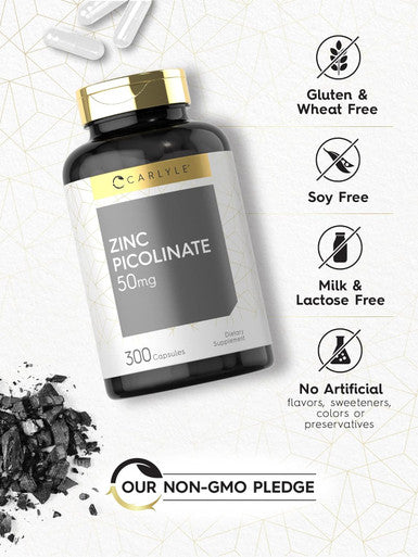 Carlyle Zinc Picolinate 50mg | 300 Capsules | Non-GMO and Gluten Supplement