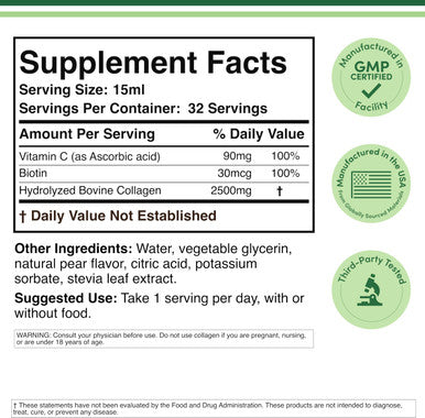 Double Wood Supplements Liquid Collagen 2500mg of Hydrolyzed Bovine Collagen Type 1 3 and Grassfed 32 Servings for Women and Men 30 mcg of Biotin Sugar Free Pear Flavor