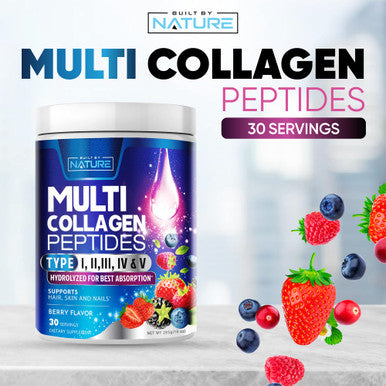 Built Nature Collagen Powder, Hydrolyzed Type 1 & 3 Peptides, Grass-Fed Multi Collagen Complex Supplement, Healthy Hair, Skin, Nails, Bones & Joints, Keto & Paleo Friendly, Non-Gmo, Berry Flavor 30 Servings