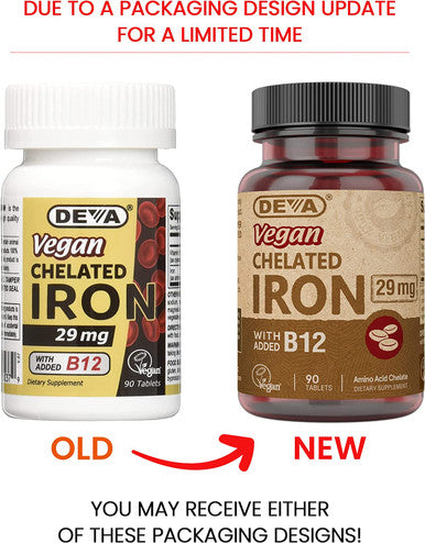 Deva Nutrition Vegan Chelated Iron 29 mg Fortified with B-12 - High Potency, Easy to Swallow, 90 Tablets, 1-Pack