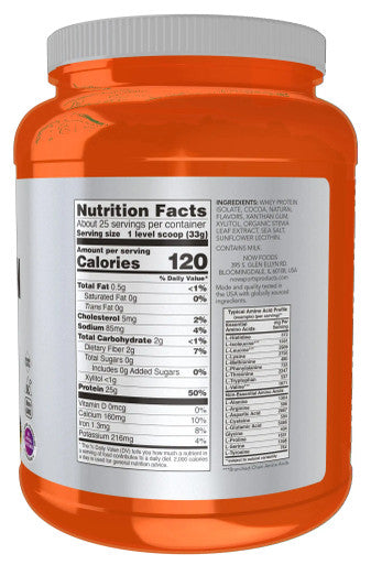 NOW Sports Nutrition, Whey Protein Isolate, 25 g With BCAAs, Creamy Chocolate Powder, 1.8-Pound