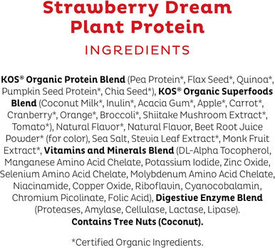 Kos Limited Edition Plant Protein Powder, Strawberry Dream - Organic Pea Protein Blend, Vegan Superfood Rich In Vitamins & Minerals For Women & Men - Made Without Dairy, Soy, Gluten - 24 Servings