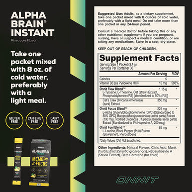 ONNIT Alpha Brain Instant Pineapple Punch Flavor Nootropic Brain Booster Memory Supplement Brain Support for Focus Energy Clarity Alpha GPC Choline Cats Claw LTheanine Bacopa 30ct