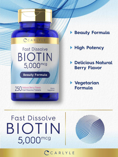 Carlyle Biotin 5000mcg | 250 Fast Dissolve Tablets | Vegetarian Non-GMO Gluten Supplement