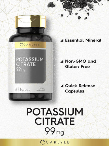 Carlyle Potassium Citrate Supplement | 99mg | 200 Capsules | Non-GMO and Gluten