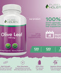 Purely Holistic Olive Leaf Extract 750Mg Non-Gmo Maximum Strength - 120 Vegan Capsules - 20% Oleuropein - 4 Month Supply - Support Supplement