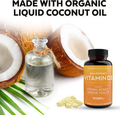 Vitamin D3 10,000 IU - High Potency Vitamin D Supplement for Immune and Bone Health, Made with Organic Coconut Oil for Better Absorption, Easy to Swallow Softgels (180 Count)