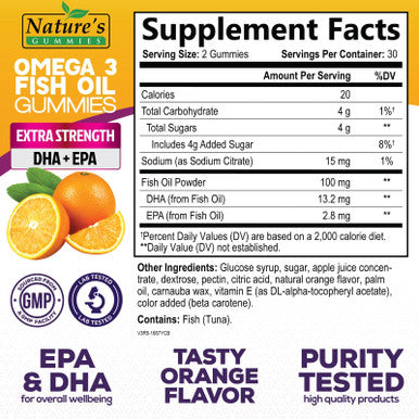Omega 3 Fish Oil Gummies, Natural Orange Flavor, Extra Strength DHA & EPA, Omega 3 Supplement for Men & Women, Delicious Daily Gummy Vitamin, 60 Gummies