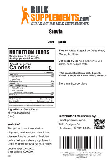 BulkSupplements Stevia Extract Powder - Substitutes - Pure Stevia Powder - Alternative - Zero Calorie Sweetener - Keto Sweetener - Substitute for Baking (250 Grams - 8.8 oz)