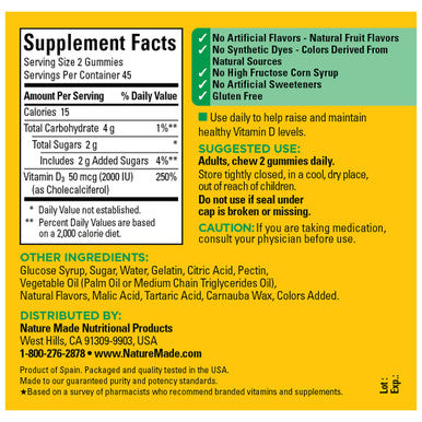 Nature Made Vitamin D3 2000 Iu (50 Mcg) Per Serving Dietary Supplement For Bone Teeth Muscle And Immune Health Support 90 Gummies 45 Day Supply