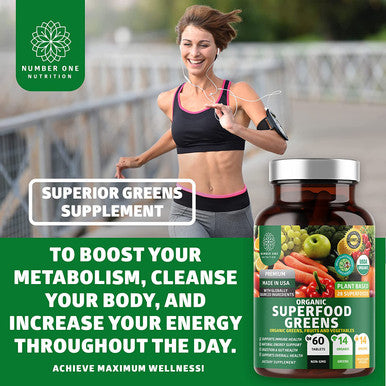 N1N Premium Organic Superfood Greens 28 Powerful Ingredients Natural Fruit and Veggie Supplement with Alfalfa Beet Root and Ginger to Boost Energy Immunity and Gut Health Made in USA 60 Ct