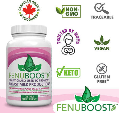 FENUBOOST - Fenugreek Breastfeeding Supplement - 100% Grown & Made in Canada - Lactation Breast Milk Support - 160 count Vegan Capsules