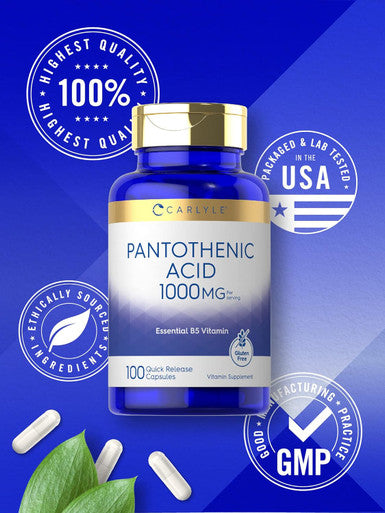 Carlyle Pantothenic Acid | 1000mg | 100 Capsules | Essential B5 Vitamin | Non-GMO Gluten Supplement