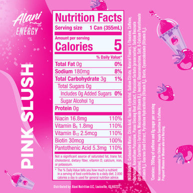 Alani Nu PINK SLUSH Sugar Free Low Calorie Energy Drinks 200mg Caffeine Biotin B Vitamins Zero Sugar 10 Calories 12 Fl Oz Cans 12 Pack