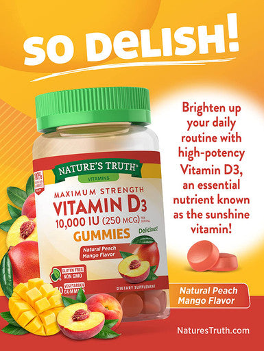 Vitamin D3 Gummies | 10000 IU | 70 Count | Vegetarian, Non-GMO & Gluten Supplement | Natural Peach Mango Flavor | by Nature's Truth