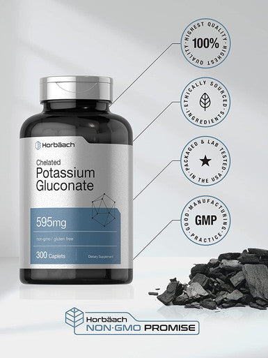 Potassium Gluconate Supplement 595mg | 300 Count | Chelated Potassium | Vegetarian, Non-GMO, Gluten Free | by Horbaach