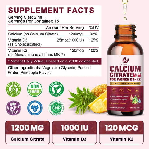 (2 Pack) Calcium Citrate with Vitamin D3 Liquid Drops for Women Bones Teeth Immune Support 1200mg Calcium Citrate Liquid Drops with Vitamin D3 K2 Vegan SugarFree 1 Fl Oz