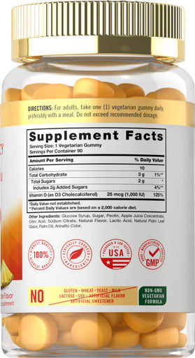 Carlyle Vitamin D3 1000Iu Gummies | 90 Count | Vegetarian, Non-Gmo, And Gluten Free Vitamin D Supplement | Natural Pineapple