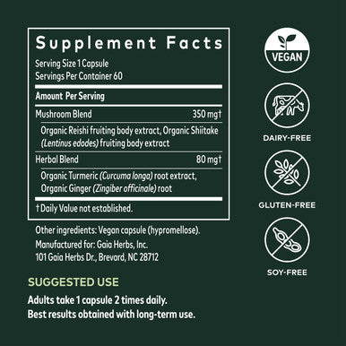 Gaia Herbs Mushrooms+Herbs with Reishi & Turmeric-Inflammation Relief Supplement with Daily Immune Support-Made with Organic Reishi and Turmeric Curcumin-60 Vegan Liquid Phyto-Capsules(30-Day Supply)