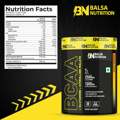 Balsa Nutrition BCAA With Glutamine + Citrulline Malate Powder- 405g, 30 Serving (Mango Madness) | Amino Acid For Muscle Recovery & Endurance, Boost Energy & Immune | Non- GMO
