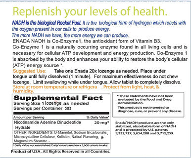 ENADA 20 x NADH Supplement Boost Energy Mental Focus Stamina Support Fatigue Cell Regenerator 20mg NADH 30 Lozenges 1 per serving Natural Energy Supplements for Women and Men