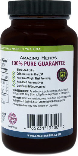 Amazing Herbs Black Seed Oil Pills 1250Mg, 100 Softgel Capsules - Cold-Pressed | Non Gmo