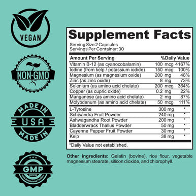 Thyroid Support Supplement With Iodine, Kelp, Ashwagandha, Selenium & Zinc - Supports Energy, Metabolism & Thyroid Health - L-Tyrosine, Schisandra & Bladderwrack - 60 Capsules