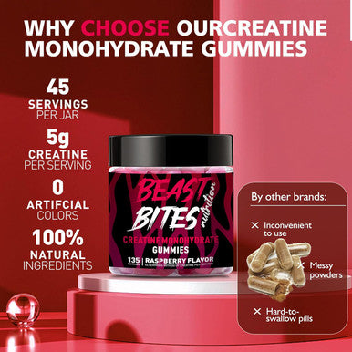 BEAST BITES Nutrition Creatine Monohydrate Gummies for Men & Women - 5g of Creatine Monohydrate per Serving - Sugar Free,Vegan, Raspberry Flavor, 135 Count (45 Servings)