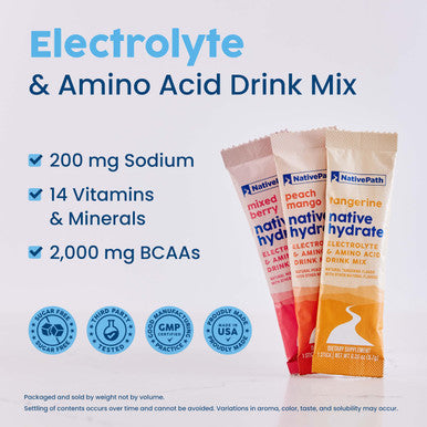 NativePath Native Hydrate Stick Packs with Electrolytes and Amino Acids Variety Pack Mixed Berry Peach Mango Tangerine 30 Servings