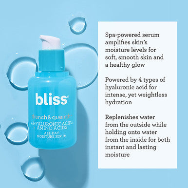 Bliss Drench Quench Hyaluronic Acid Serum 4 Hyaluronic Acids Amino Acids for All Day Moisture Clean CrueltyFree Paraben Free Vegan 1.0 oz