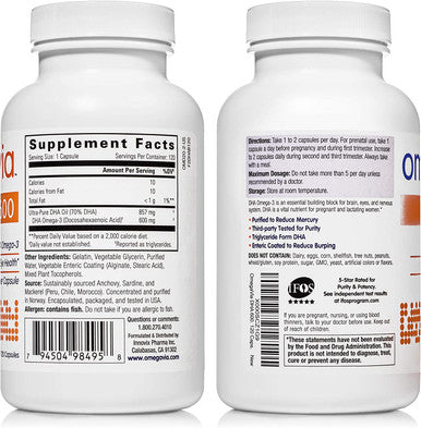 OmegaVia DHA 600 mg UltraPure DHA Supplements Omega3 for Brain Eyes Prenatal DHA Omega 3 Nutrient for Prenatal Pregnant and Nursing Women Burpless IFOS Tested for Mercury 120 Capsules