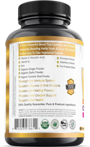 9-In-1 Immune Support Vitamin C (1000Mg), Vitamin D3 (5000 Iu), Zinc(22Mg) With Elderberry, Turmeric, Echinacea, Ginger, Garlic And Pre+Pro-Biotic Per Serving (120 Caps Per Bottle - 2 Month Supply)